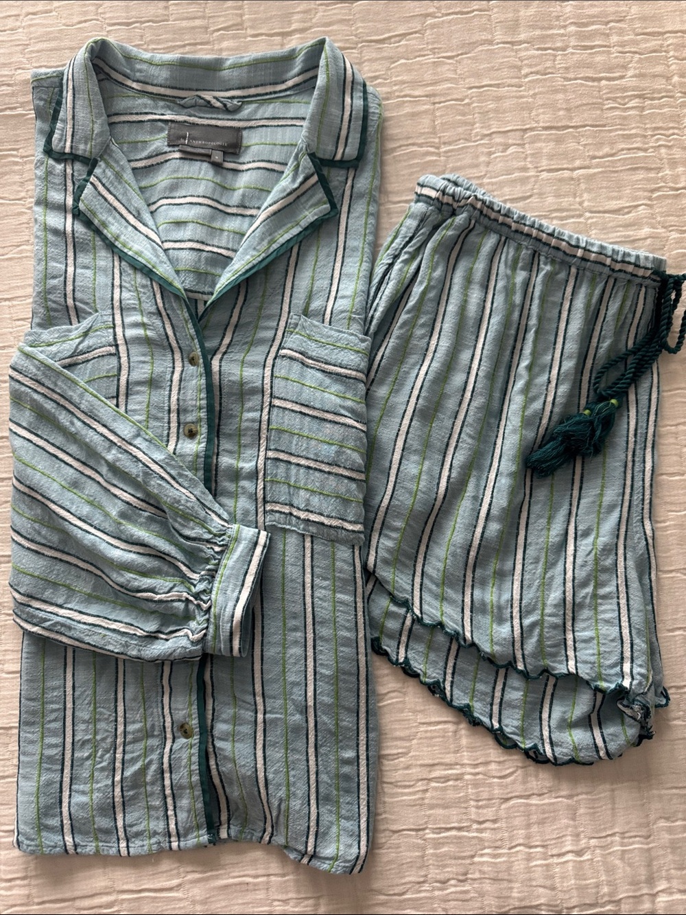 Anthropologie Striped Blue & Green Shorts Pajama Set